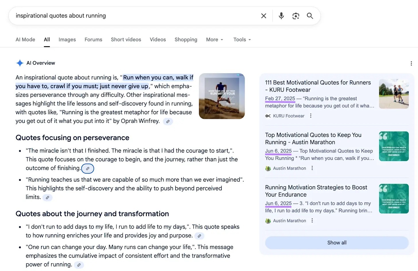 AI Overview for the term "inspirational quotes about running" showing recently published content cited as sources.