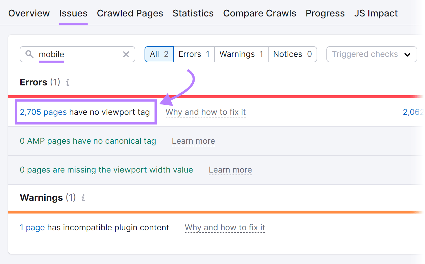 mobile-specific issues found in Site Audit tool